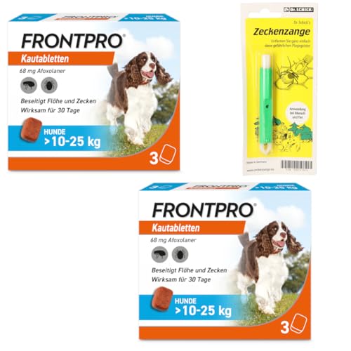 FRONTPRO Kautabletten für Hunde 10-25 kg 6-Monats-Set zum Schutz gegen Zecken und Flöhe mit Zeckenzange: Schützt bis zu 6 Monate