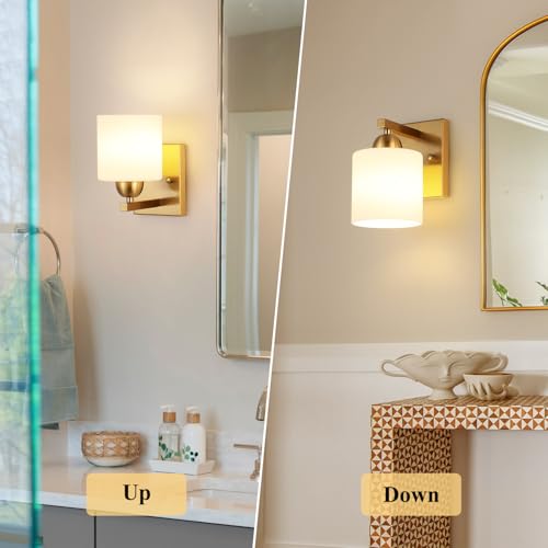 Image of Mecgirn Gold Milk Glass Wall Sconces, 1 Pack Hardwired Indoor Wall Light Fixtures for Living Room, Hallway, Bedroom, Ceramic E26 Sockets (Bulbs Not Included)