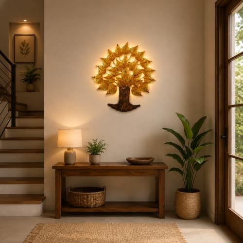 Image of Bharat Art Metal Tree Wall Art with LED Light for Living Room | Handcrafted Iron Tree Wall Hanging Home Decoration for Bedroom, Hall, Office & Entrance | Larch Tree | 24 * 2 * 24 inch | WD080