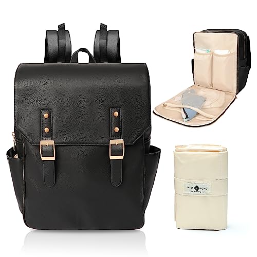 Image of miss fong Leather Diaper Bag Backpack Diaper Bag Purse, Baby Diaper Bag for mom dad with 12 Diaper Bag Organizers, Changing Pad and 4 Insulated Pockets, Faux Leather Diaper Bag Backpack(Black)