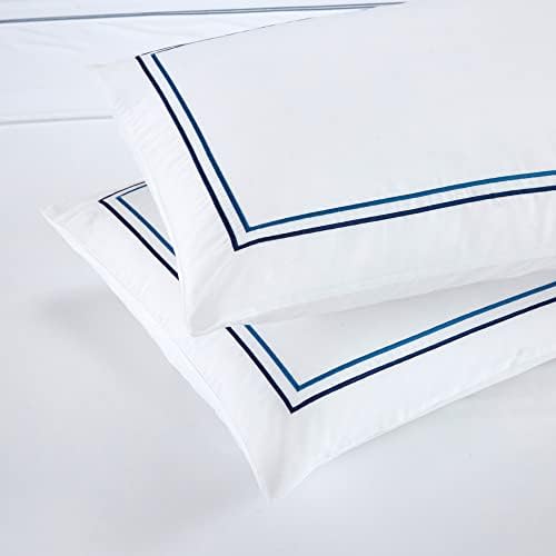 OSVINO King Size Hotel Bed Sheets Set 4 Pieces Ultra Soft Bedding Sheet with Deep Pocket, Breathable & Cooling Wrinkle Free Bed Sheet & 2 Pillowcases & Fitted Sheet Set, White Blue