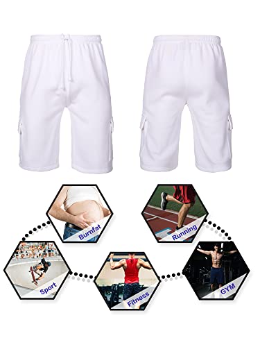 Men's Fleece Cargo Shorts Lightweight Relaxed Fit Elastic Drawstirng Athletic Gym Workout Sweat Shorts With Cargo Pockets(White,3Xl) #TOP4