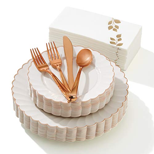 Atalpha By Madee Elegant Disposable Dinnerware Set | 175 Pcs For 25 Guests | Plastic Plates For Party Dinner & Salad Plates | Silverware With Linen-Like Napkins - Heavyweight (Rose Gold) #TOP3