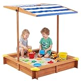 Kids Sandbox with Cover, 46.5' Wooden Sand Box w/Adjustable Canopy, Large Outdoor Cedar Sandpit for Backyard Play
