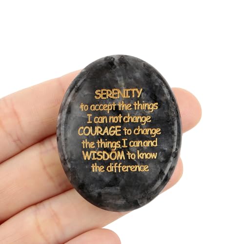 QINJIEJIE Serenity Prayer Black Labradorite Worry Stones Healing Crystals Engraved Inspirational Stones Anxiety Relief Items Sobriety Gifts Encouragement Gifts for Women Men