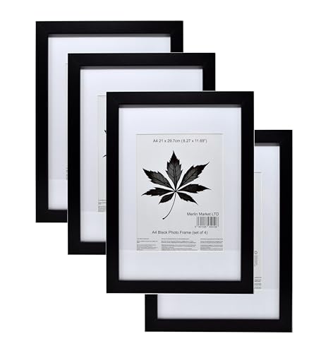 Black A4 Frame Set of 4 (21x29.7cm) with Mount for 19x14cm | Poster & Certificate Frame | Wall Mount or Table Top Display | Classic Style