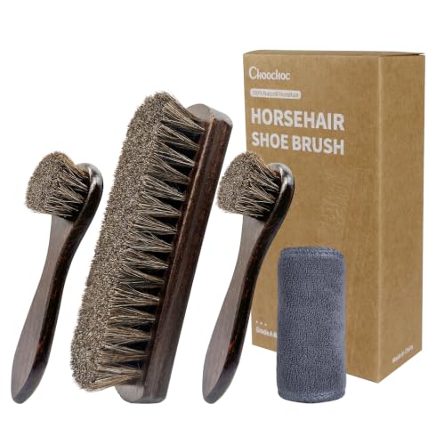 Choochoc Schuhpflege-Set mit Rosshaar-Bürsten, Holzgriff und Mikrofasertuch, 4-teilig, Pferdehaar bürste und Lederbürste für Leder…