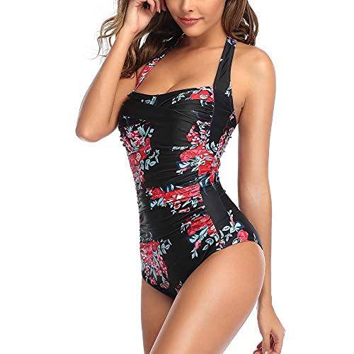 Image of Smismivo Tummy Control Swimwear Halter One Piece Slimming Vintage Retro Swimsuit Womens Ruched Push Up Bathing Suit
