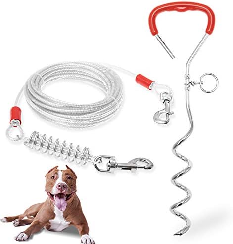 Dog Tie Out Cable and Stake - Heavy Duty Long Dog Leash 30ft for Meidum Large Dogs - Tangle Free Rope Dog Leash with Buffer Spring for Camping Training Hiking Playing in The Yard
