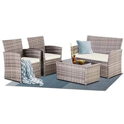 HYDRAGARDEN 4 Piece Outdoor Furniture Set, Patio Wicker Sectional Sofa with Tempered Glass Coffee Table and Cushions, Rattan Conversation Set for Garden Backyard Balcony (Gray Rattan/Beige Cushion)