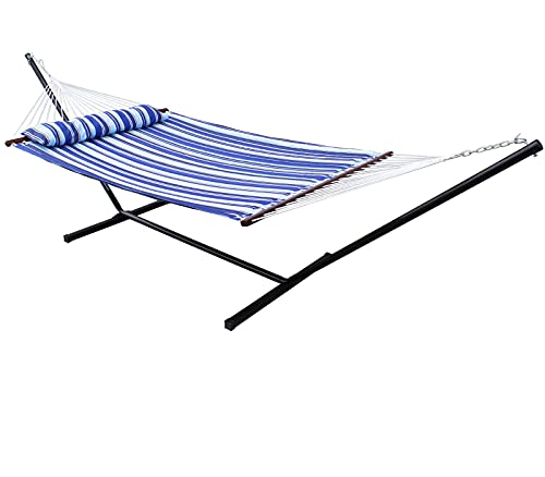 SUNNY GUARD 12.8 FT Hammock with Stand 2 Person Heavy Duty，Quilted Fabric Wood Spreader Bars,Stands & Accessories，for Indoor Outdoor Patio Catalina Beach(450 lb Capacity