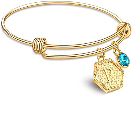 Suonie 18K Gold Plated Bangles,26 Letters Initial Hexagon Pendant Adjustable Bangles,Women Charm Bracelet Bangles,Blue Rhinestone Bracelet for Girls Teenage Birthday Christmas Gifts (P)