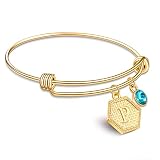 Suonie 18K Gold Plated Bangles,26 Letters Initial Hexagon Pendant Adjustable Bangles,Women Charm Bra