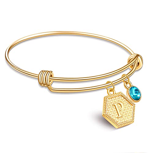 Suonie 18K Gold Plated Bangles,26 Letters Initial Hexagon Pendant Adjustable Bangles,Women Charm Bracelet Bangles,Blue Rhinestone Bracelet For Girls Teenage Birthday Christmas Gifts (P) #TOP2