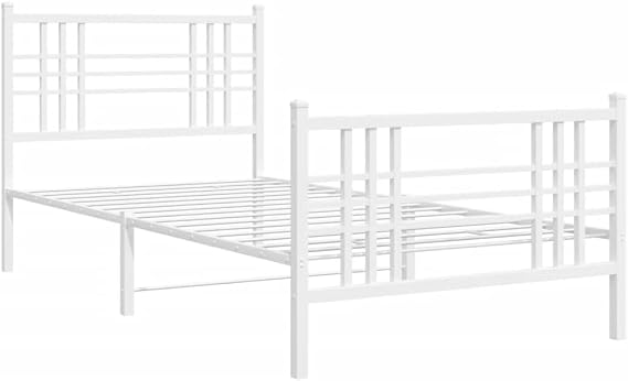 Steel Bed Frame with Headboard and Footboard, White 90x200cm, Metal Slatted Base for Mattress Support and Under-Bed Storage