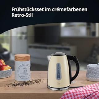 KHG Frühstücksset 2-teilig Wasserkocher & Toaster, Creme Beige Retro American Diner Stil, Kapazität 1,7 Liter & 2 Toastscheiben, 360° Sockel, Kalkfilter, 6 Röstgradstufen, Auftau- & Aufwärmfunktion
