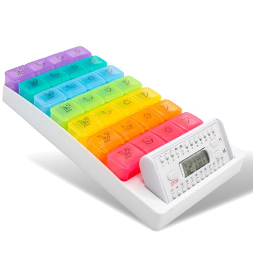 FISHTEC - Pilulier Semainier 7 Jours 28 Compartiments Multicolores - Boîte à Médicaments Journalier Matin/Midi/Soir/Nuit -Écran Digital avec Heure + 6 Alarmes Programmables par Jour