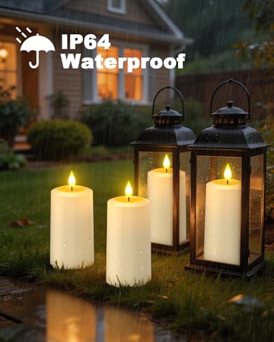 Image of SoulBay Flameless LED Candles, 4-Pack USB Rechargeable, Flickering Waterproof White Pillar Candles with Remote Control Timer for Outdoor Lantern Patio Yard Indoor Holiday Decor, 2.75 x 5.1 Inches