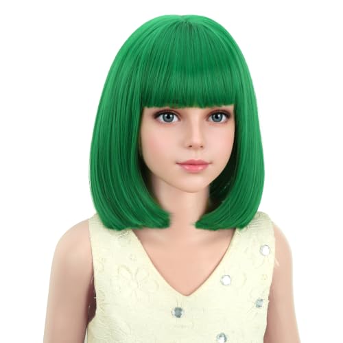 Image of PATTNIUM Kids Green Wig Child Green Bob Wig for Girls Colored Wigs Dark Green Bob Wig Cosplay Party Synthetic Wigs