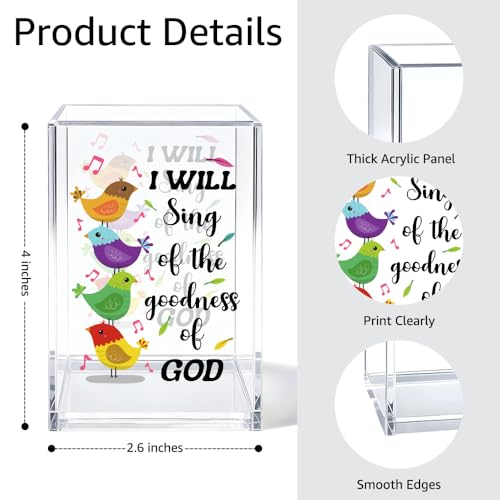 Image of I Will Sing Of The Goodness Of God Pen Holder Makeup Organizer, Funny Bird Christian Pencil Pen Holder for Desk, Musical Notes Desk Accessories Bible Verse Pencil Cup, Religious Gifts Organizer