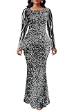 VERWIN Women's Sequins Bodycon Round Neck Long Sleeve Sparkly Mermaid Maxi Casual Party Cocktail Dress L Silver