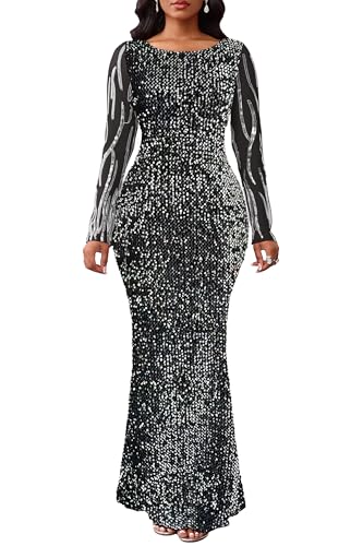 Image of VERWIN Women's Sequins Bodycon Round Neck Long Sleeve Sparkly Mermaid Maxi Dress for Casual Party Cocktail