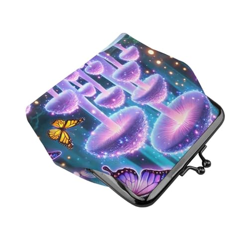 Pu Leather Buckle Coin Purse Magical-Mushrooms-Butterflies Girls Kiss-Lock Change Purse Wallets3