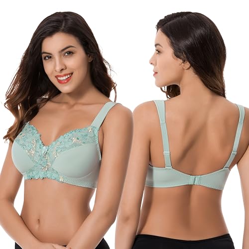Image of Curve Muse Plus Size Minimizer Unlined Wireless Bra with Lace Embroidery-3Pack-Sage,Nude,Blush-34B