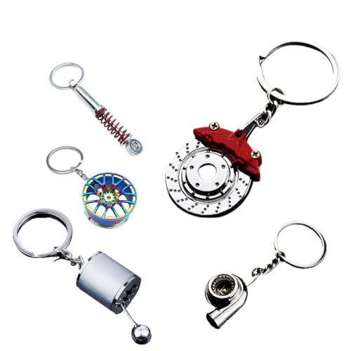 Image of JOYCOURT 5PCS Metal Car Parts Key Chain Set with Brake Rotor, Worm Wheel, Tire Rim, Spring, Manual Gear Shift Box Keychain (Style 1)
