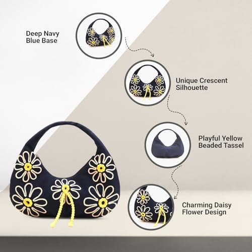 Image of Boho Girl Indigo Blossom Tote Bag - Navy Blue Floral Handbag for Women with Embroidered Flowers, Padded Handle & Ribbon Detail - Chic Shoulder Bag for Travel, Brunch