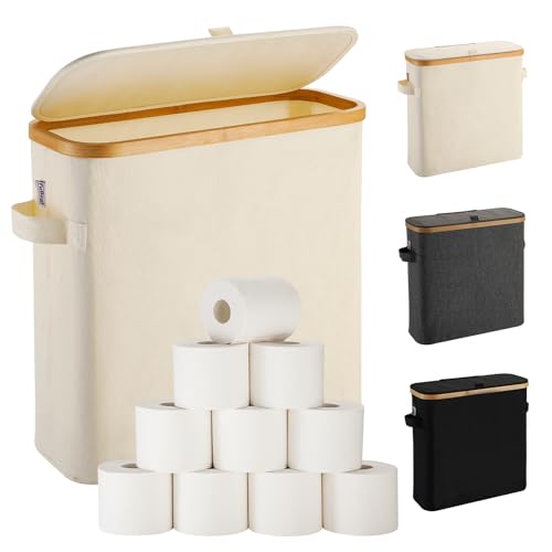 Toilettenpapier Aufbewahrung Korb mit Deckel aus Bambus für Mega Toilettenpapier, Toilettenpapier Stehend Klopapier Aufbewahrung Box Bad WC-Papier Badezimmer Organizer, Ersatzrollenhalter, Beige