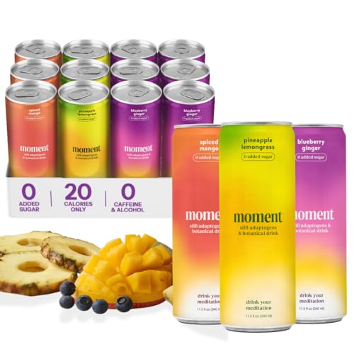 Moment Adaptogen Drink (Shark Tank) | NON-CARBONATED Non Alcoholic Drinks | Mocktails | L-Theanine & Ashwagandha for Calm & Clarity | 0 Added Sugar, 0 Caffeine | 12-pack