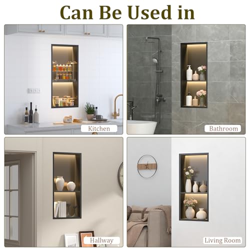 24x12 Inch Shower Niche with LED Light, No Tile Needed Black Stainless Steel Bathroom Niche for Wall, Kitchen, Medicine Cabinet Insert with 2 Built-in Illuminated Shelves 3000K Warm White, Rustproof by viechanro - Used condition - Image 8