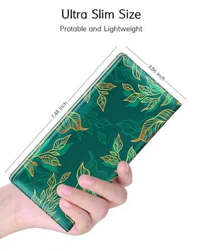 Image of Nipichsha Womens Wallet, RFID Slim Wallets for Women, Thin Ladies Credit Card Holder Purse, Cute Leather Bifold Clutch Billfold with 11 Card Slots & ID Window, Luxury Green Leaf