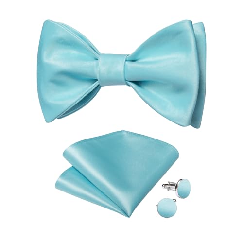 DiBanGu Mens Aqua Blue Solid Color Bowtie Woven Satin Self Bow Ties and Pocket Square Cufflinks Set for Men Tuxedo Wedding Party