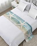 Ldtrchee Bed Runner for Queen Size, Coastal Beach Decorative Scarf Throws for Foot of Bed, Summer Retro Starfish Wave Luxury Bedding Protector Slipcover Beds Runners for Hotel/Home, 83 x 20 Inch