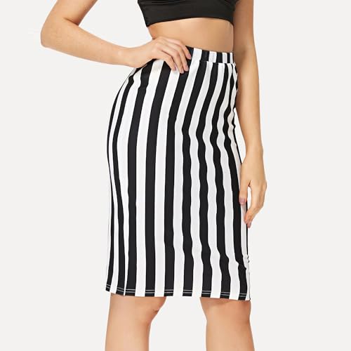 Womens Striped Stretch Midi Pencil Skirt High Waist Knee Length Bodycon3