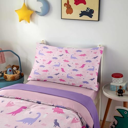 Image of 4 Piece Toddler Dinosaur Bedding Set for Girls,Pink Dino Toddler Comforter Sets Soft Bed Set Include Comforter,Fitted Sheet,Flat Top Sheet and Pillowcase,Bed in A Bag for Bedroom