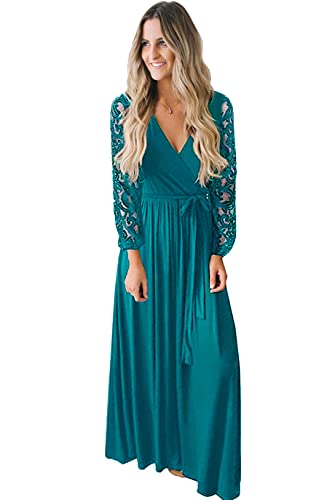 Image of Kranda Womens Vintage Floral Lace Long Sleeve Faux Wrap V Neck Party Long Maxi Dress