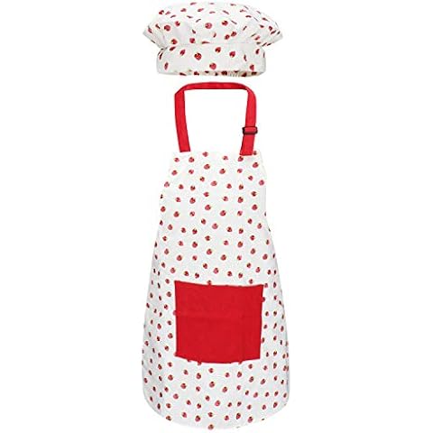 Jennice House Apron for Kids Set with Chef Hat, Cute Children Baking Aprons with Adjustable Neck Strap and Pockets for Girls Boys Cooking Baking Painting Gardening in 2 Sizes (Red Strawberry, Small) Cover