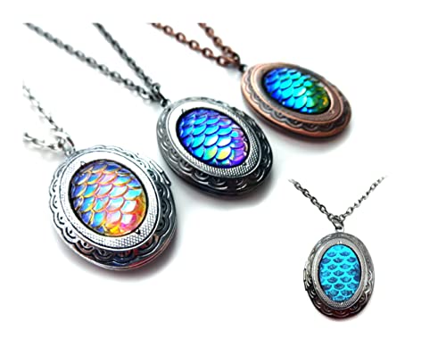 1 Glow in the Dark Mermaid Dragon Scale Locket Necklace - Custom Options Blue, Purple, Rainbow, or Red & 3 Metal Finishes - Little Gem Jewelry