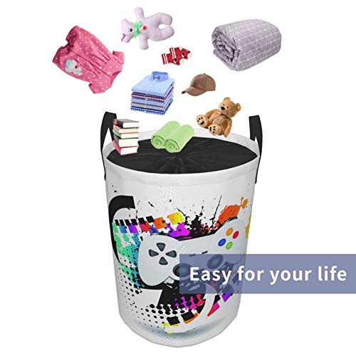Large Round Storage Basket With Handles,Gamer Modern Console Game Controller With Halftone Motif And Color Splashes,Waterproof Coating Organizer Bin Laundry Hamper For Nursery Clothes Toys 19"X 14" #TOP4