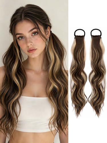 XUENMB 2PCS Curly Ponytail Extension with Hair Tie Light brown highlights