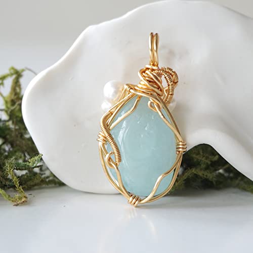 Raw Aquamarine And Pearl Necklace - Light Blue Aquamarine Pendant - March Birthstone Jewelry - June Birthstone - Gold Necklace - 24 Inch Gold Plated Chain - Raw Stone Jewelry #TOP3