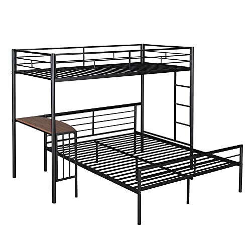 Aty Metal Bunk Beds Twin Over Full Size, L Shaped Steel Bedframe W/Desk & Built-In Ladder And Full-Length Guardrail, No Box Spring Needed, Black #TOP2