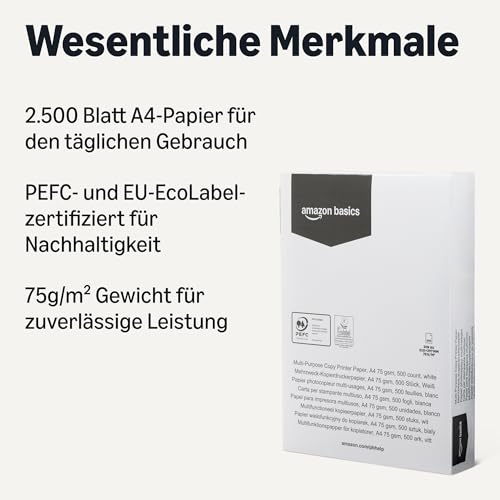 Amazon Basics Mehrzweckpapier zum Kopieren und Drucken, A4, 75g/m2, 2500 Stück (5er-Pack), Weiß