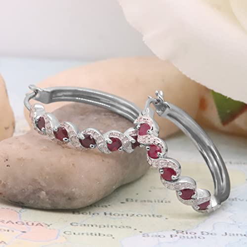 Dazzlingrock Collection Round Lab Created Ruby & White Diamond Hoop Earrings, Sterling Silver #TOP3
