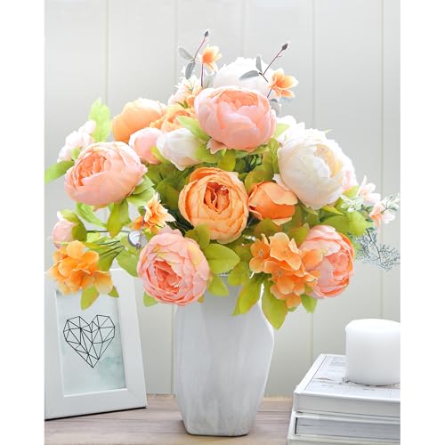 Image of FiveSeasonStuff Garden-Style Ivory, Peach, Orange & Greenery Accents Artificial Peony Bouquet, Two Faux Silk Flower Bundles with Hydrangeas