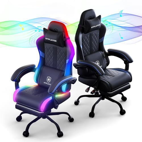 Image of GTPLAYER RGB Gaming Chair with Speakers - LED Computer Game Chair for Adults, PC Home Office Chairs with Footrest & Lights, Reclining Desk Chairs, Blue