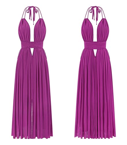 Image of R.Vivimos Boho Maxi Dresses for Women 2026 Summer Sleeveless Halter Elastic Waist Sexy Backless Front Slit Flowy Long Dresses